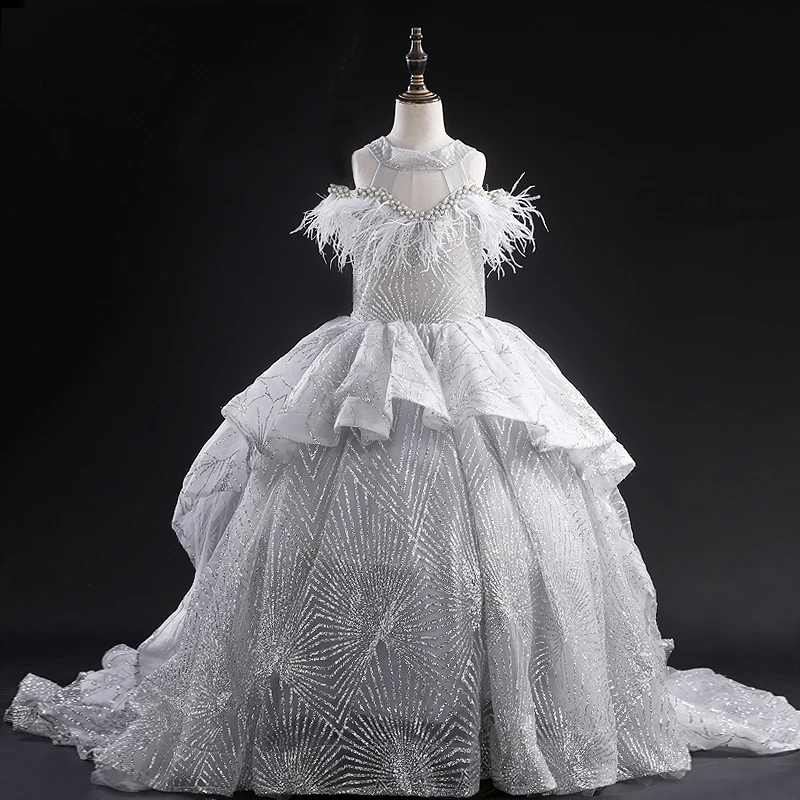 Robe de bal à paillettes pour filles, à fleurs, plumes, perles, col rond, scintillante, robes de concours, robes de fête d'anniversaire pour enfants