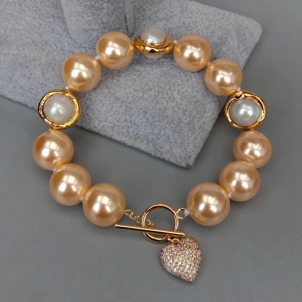 Champagne Sea Shell Pearl Cultured White Pearl Electroplated Necklace Bracelet Earrings Set Women Jewelry