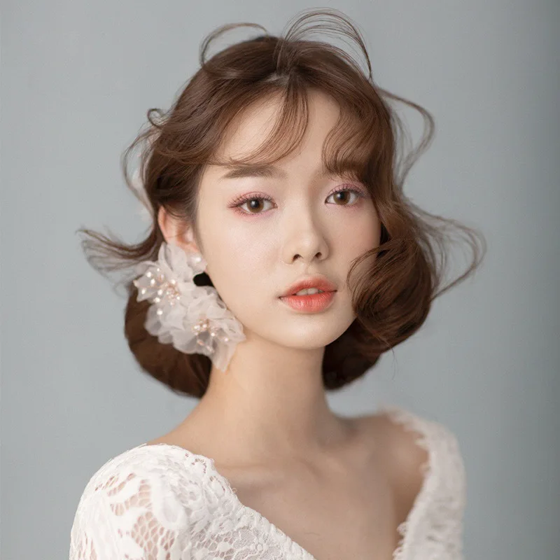 Beautiful Silk Yarn Flower dreamy Earrings Exterior Style headband Wedding hair accessories for bride image 6