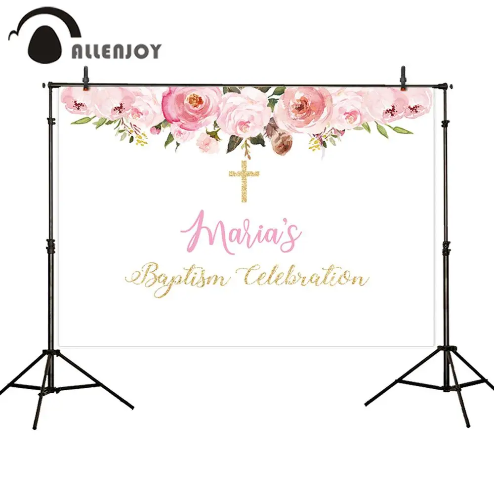 Allenjoy First Communion Backdrop Pink Flowers Girl Cross Baptism Celebration Custom Background Photobooth Photocall Prop