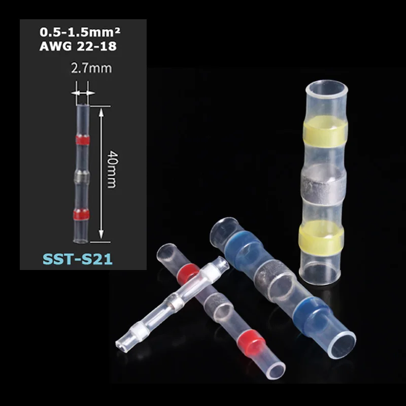 Heat Shrinkable Wire Connectors 10/20/30PCS SST21 Waterproof Sleeve AWG22-18 Butt Electrical Splice Tinned Solder Seal Terminal