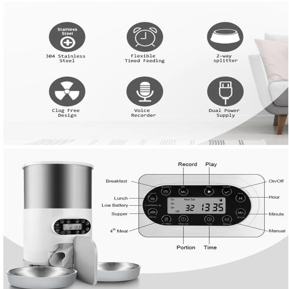 Inteligentny automatyczny podajnik dla psów 4.5 litrów suchy dozownik pokarmu Plus 2L podajnik wody odpowiedni dla małych i dla zwierząt domowych