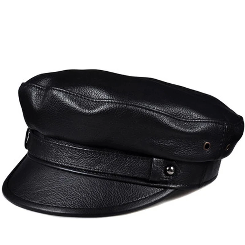 2023 Winter Men/Women Genuine Leather Navy Hats Unisex European/American Streetwear Fitted Black Caps With Belt Outdoor Gorro