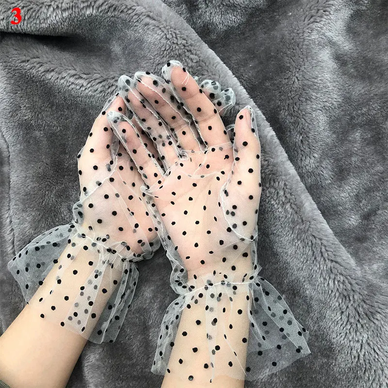 Guantes de fiesta transparentes para mujer, guantes cortos de tul, malla de encaje, gasa, ultrafinos, elásticos, manchas de encaje, hojas de loto, Verano