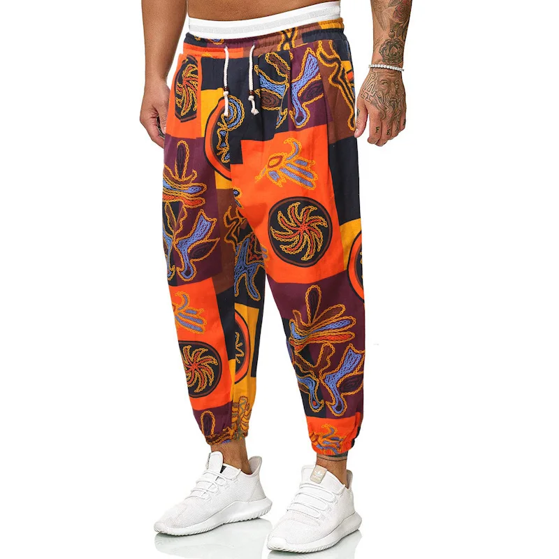 Mens Linen Baggy Hippie Boho Yoga Harem Pants African Pattern Print Drop Crotch Joggers Sweatpant Men Trousers African Clothes