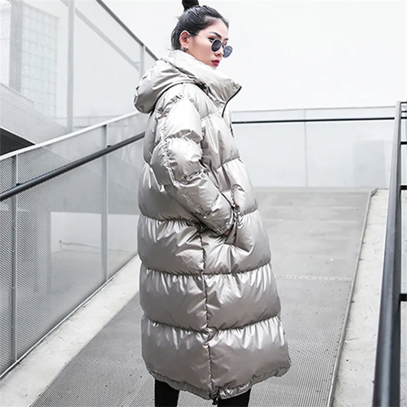 Korean Winter Long Down Cotton Jacket Women Fashion Glossy Silver Hooded Coat 2020 Plus size Loose Thin Warm Parkas Mujer Female