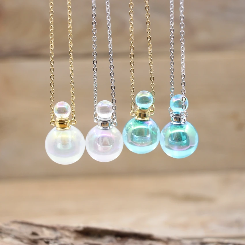 Rainbow AB Quartz Aura Titanium Raw Crystal Perfume Bottle Necklace Gold Silver Plated Chains Pendant Oil Vial Jewelry QC1122