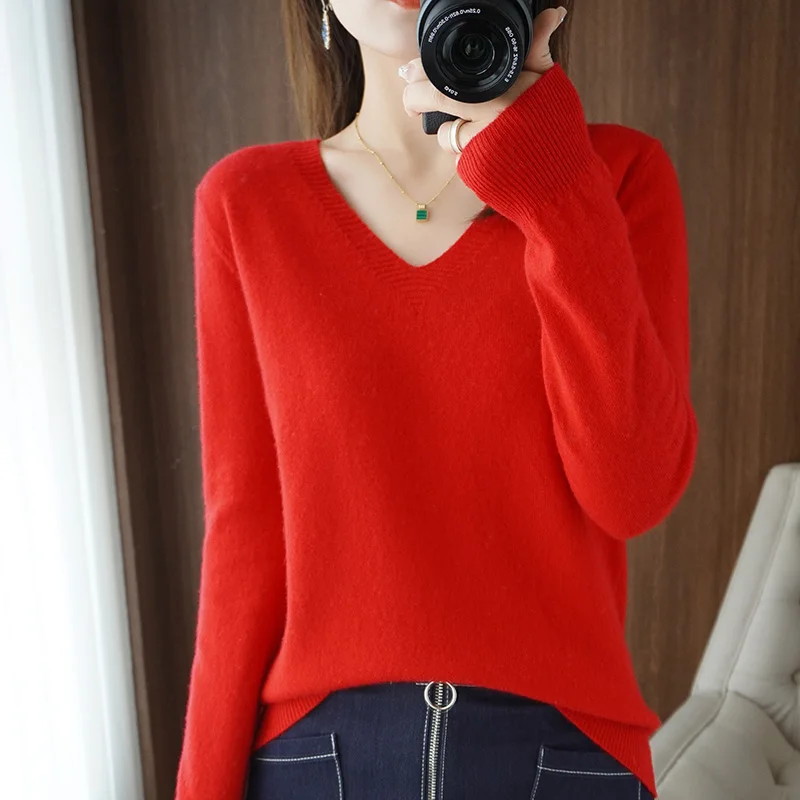 Autumn Winter New Cashmere Sweater Women Keep Warm V-neck Pullovers Knitting Sweater Fashion Korean Long Sleeve Loose Tops