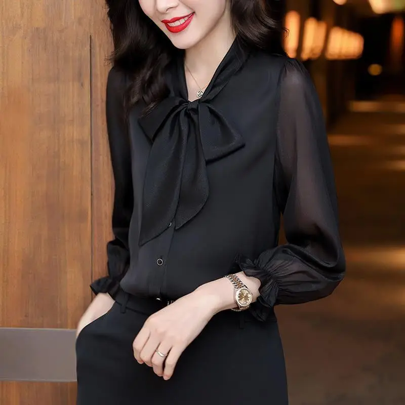 Elegant Fashion Bow Neck Chiffon Shirts Office Lady Solid Nine Quarter Sleeve Blouse Casual Loose Commuter Women's Blouse 4XL