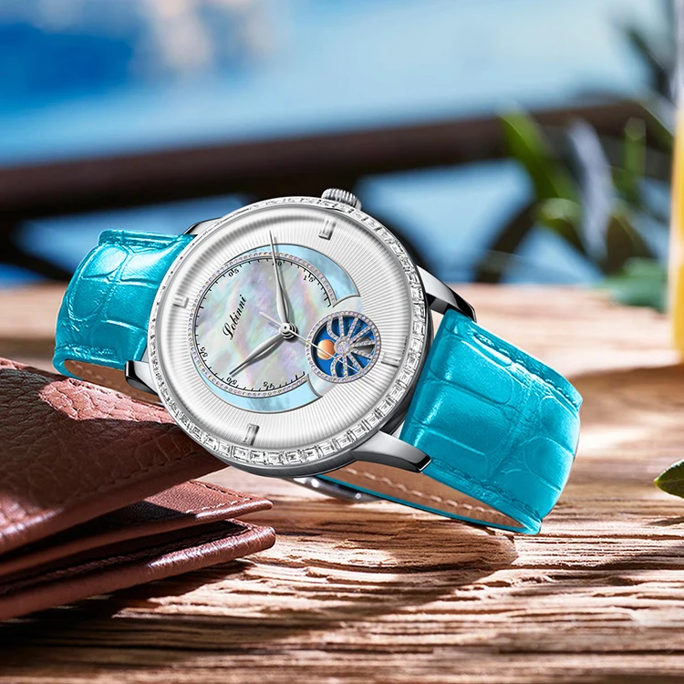 LOBINNI Women Automatic Watch 36.5mm Dress Ladies Mechanical Wristwatch Waterproof Sapphire Mirror Austria Crystal Pearl Dial