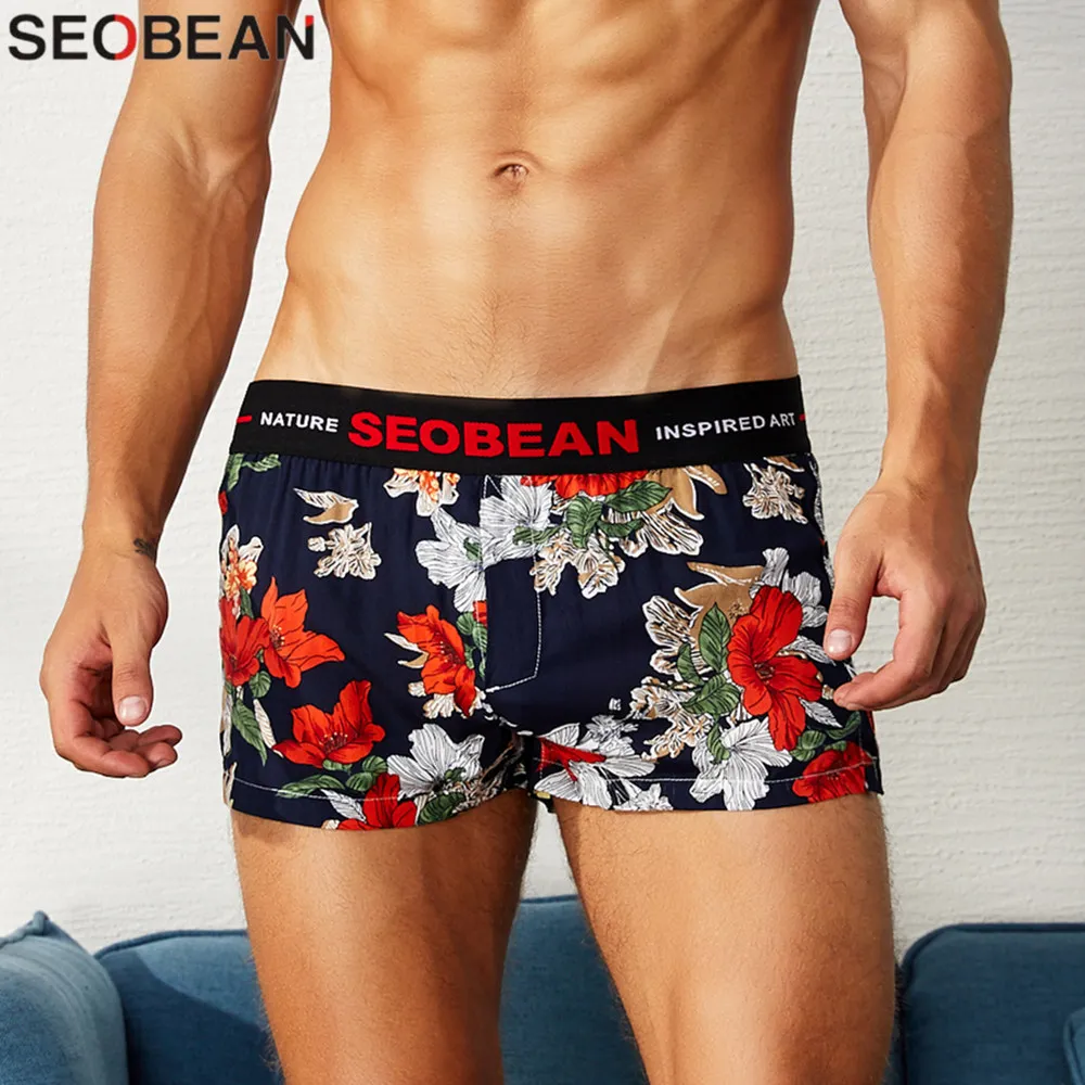 SEOBEAN-bóxer de moda joven para hombre, ropa interior cómoda y suelta con flores, calzoncillos para el hogar, ropa interior para jóvenes, ropa de