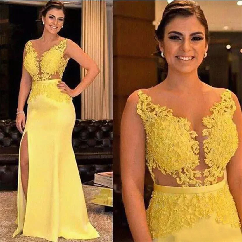 

Yellow O-Neck Elastic Satin Ball Gown NONE Train Evening Dress Applique Prom Party Gown Thigh-High Slits Illusion Beaded