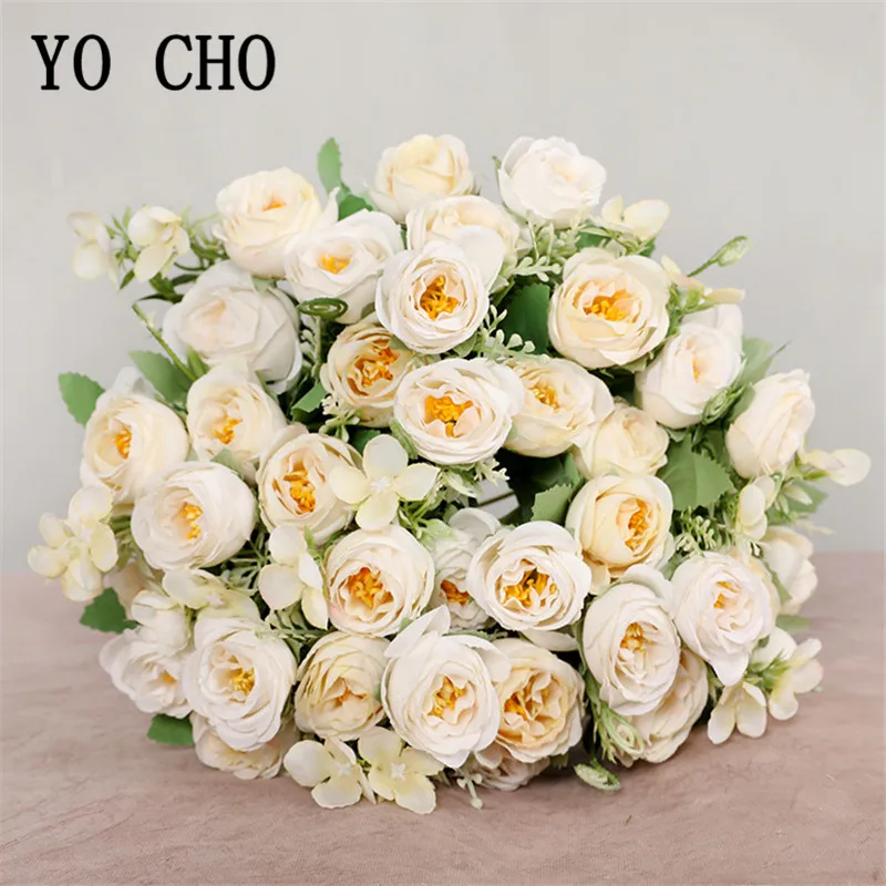 YO CHO-Mini ramo de flores artificiales para damas de honor, 10 cabezas, rosa de seda, decoración de boda, Fiesta en casa