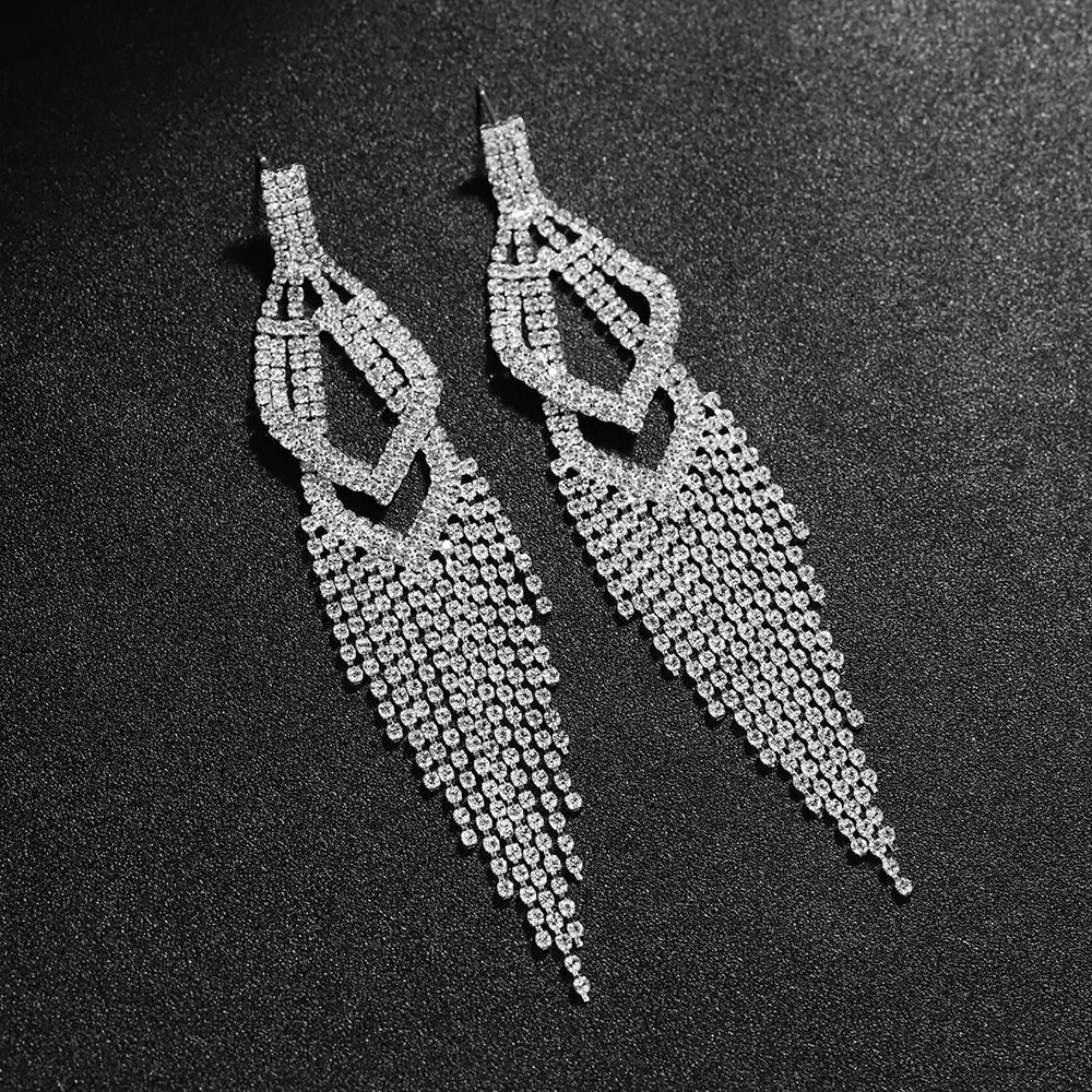 TREAZY New Luxury Fashion Rhinestone Tassel Drop Earrings for Women Silver Color Big Hollow Pendant Earrings Wedding Jewelry