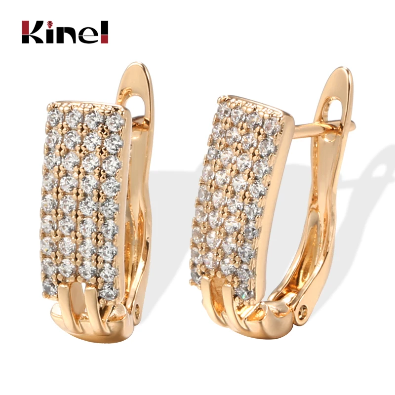 Kinel Luxury Women 585 Rose Gold Stud Earrings Four Row Micro-wax Inlay Natural Zircon Earrings Bride Wedding Fine Jewelry