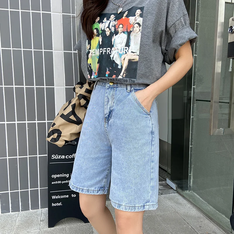 Female Loose Straight Button Jeans Bermuda Shorts Summer Women High Waist Wide Leg Black Denim Shorts Casual