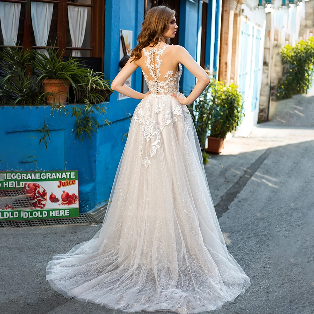 Abiti da sposa Scoop con applicazioni in Tulle brillante abiti da sposa di lusso con Glitter floreali senza maniche con illusione di grandi dimensioni su misura