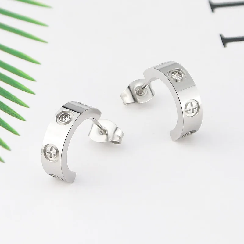 Classic Luxury Jewelry C Shape Cross Screw Stud Earring For Women And Men Titanium Steel Top Quality Love Earrings Couple Gifts