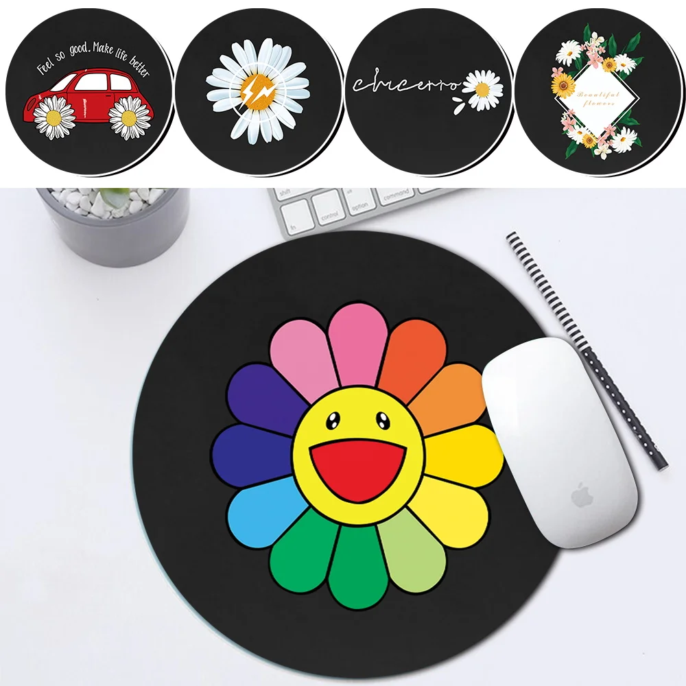 Round Mouse Pad PU Leather Gaming Mice Mat New Desk Cushion Fashion Comfortable for Laptop PC MacBook Daisy Series Pattern