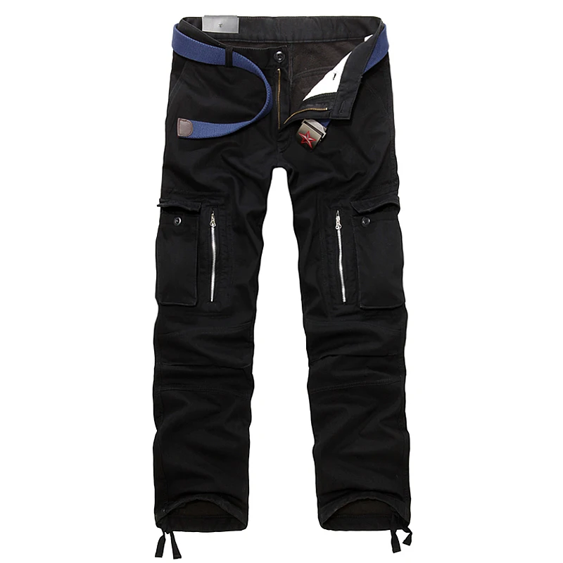 Winter Men Thick Warm Fleece Lining Loose Overalls Pants Outdoor Training Hiking Camping Zipper Pockets Cargo  Trousers