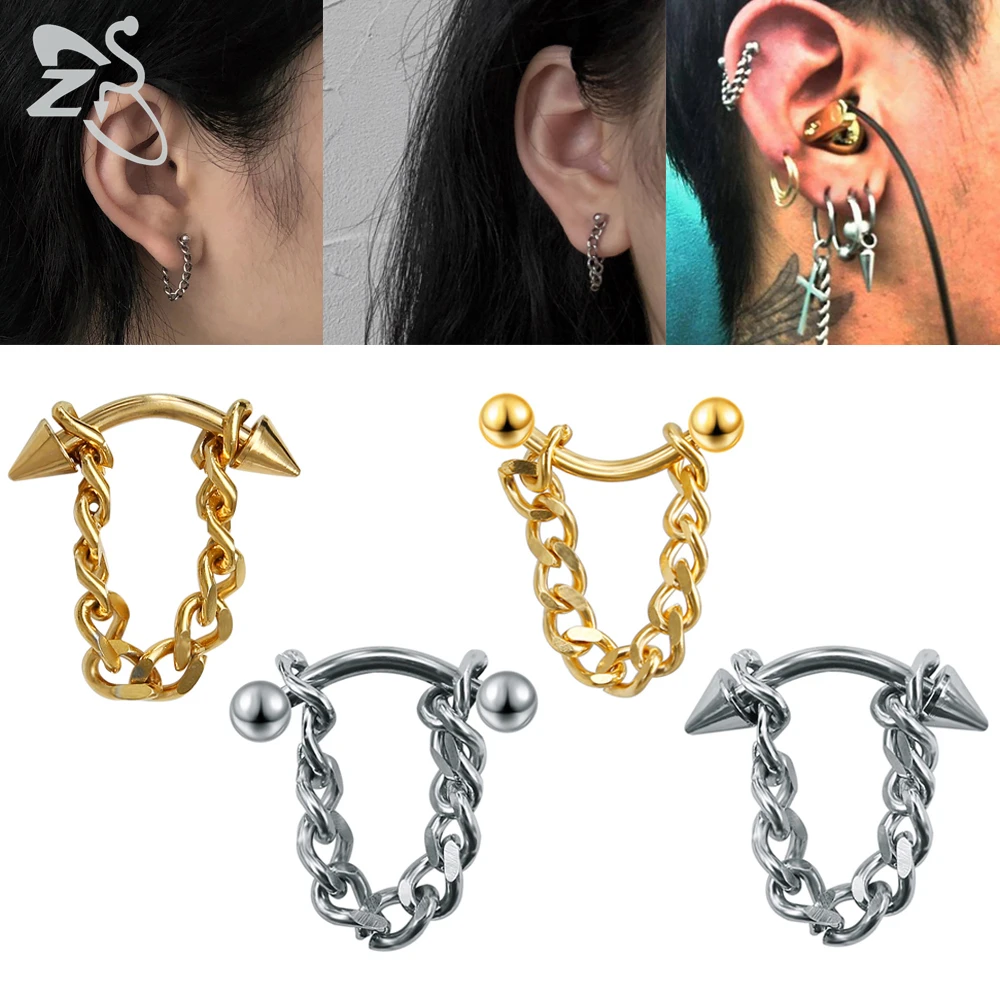 ZS 1/2pc Tassel Stainless Steel Stud Earring For Men Punk Rock Cone Ball Chain Drop Earrings Ear Helix Industrial Conch Piercing