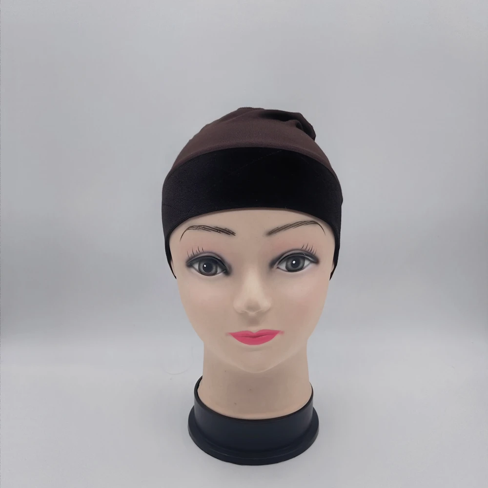 Brown color wig grip cap with velvet headband around for cancel patients comfortable and elastic caps