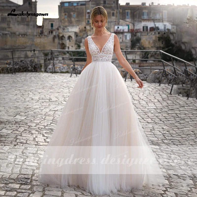 Vestido de novia blanco de encaje con escote en V, vestido de novia de princesa, corte en A, bohemio, elegante, para verano, 2021