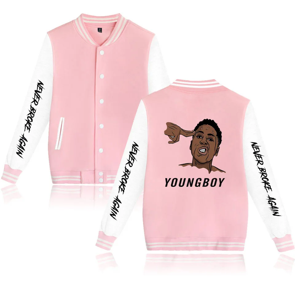 Rap YoungBoy Never Broke Again Baseball Uniform Fleece Jacket Women Men Streetwear Hip Hop Long Sleeve Pink Hoodie Sweatshirts