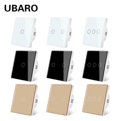 UBARO UE/Reino Unido Panel de pared de vidrio templado de cristal estándar Interruptor táctil de luz Sensor de indicador Led botón eléctrico 1/2/3Gang 220V