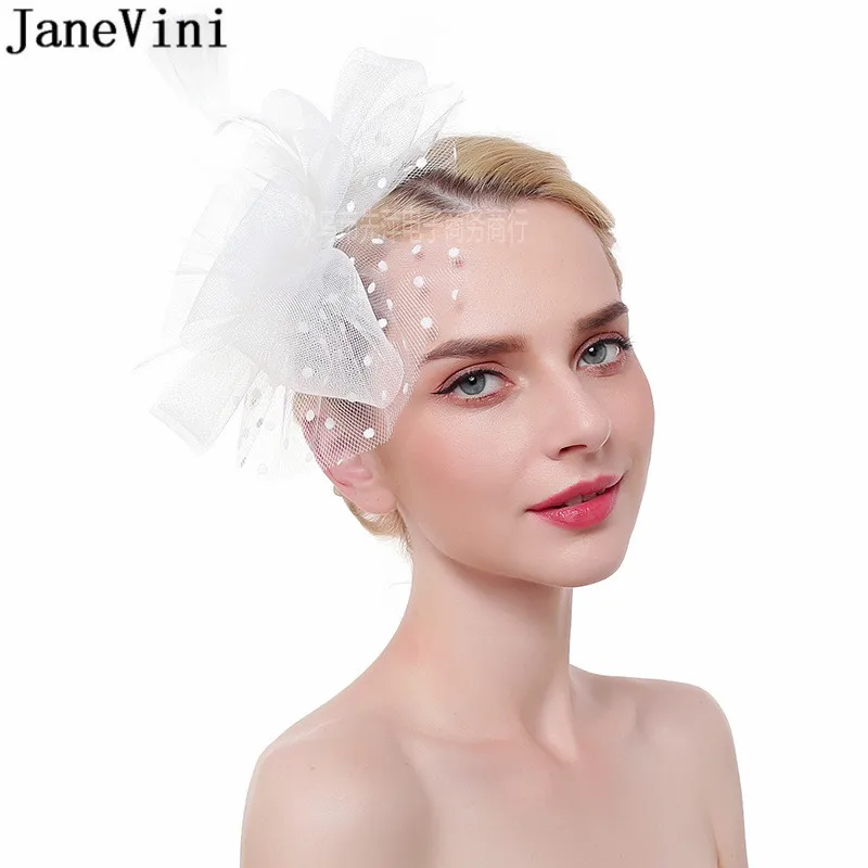 JaneVini Woman Wedding Fascinator Hat Headbands Ladies Feather Hair Clip Pink White Party Headwear Chapeau Bibi Femme Mariage