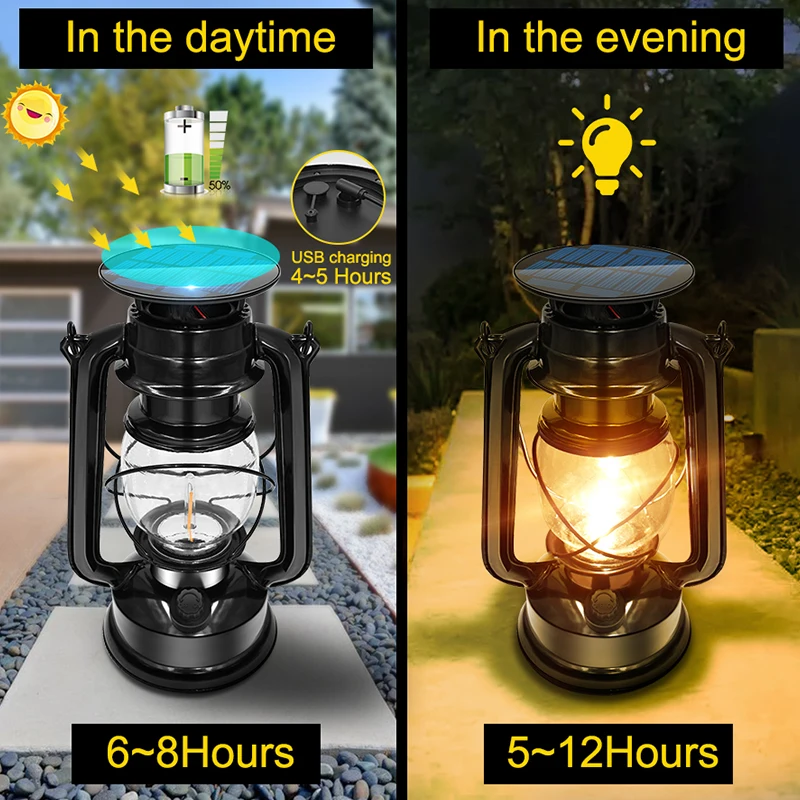 LED Solar Vintage Lantern Outdoor Hanging Metal Antique USB Charging Solar Light for Garden Yard Decor Or Camping Hiking