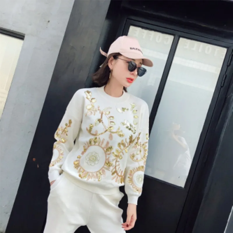 2023 Autumn 2 Piece Sets Women Gold Leaf Flower Embroidery Sequin Knitted Sweater Casual Trouser LO Women‘s Two Piece Outfits