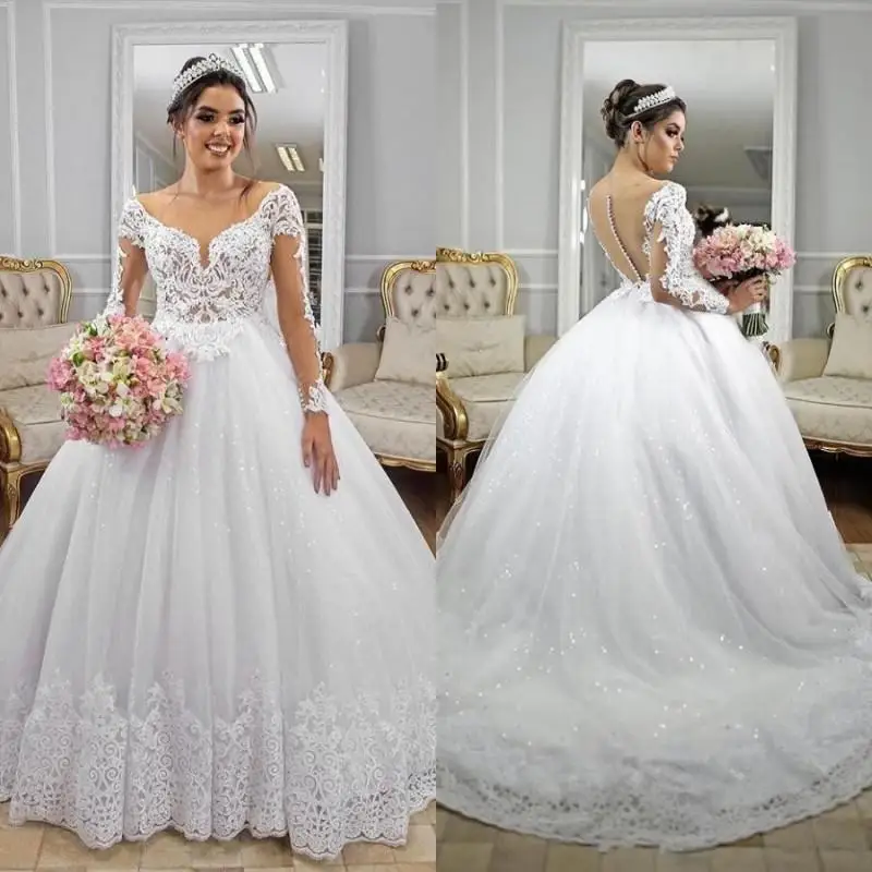 Vestido de novia de manga larga con encaje y botones, elegante, ilusión, tren de barrido, vestido de novia con apliques