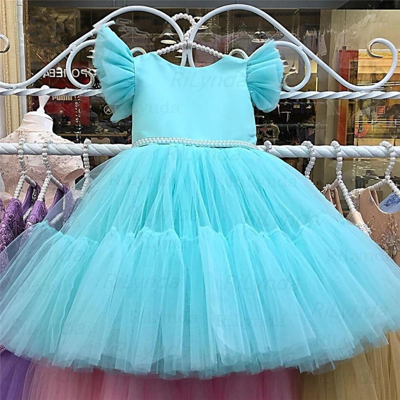 

NEW Flower Girl Dresses Pearls Belt Bow Girl Princess Dress Simple Birthday Dress Vestido Comunion Niña