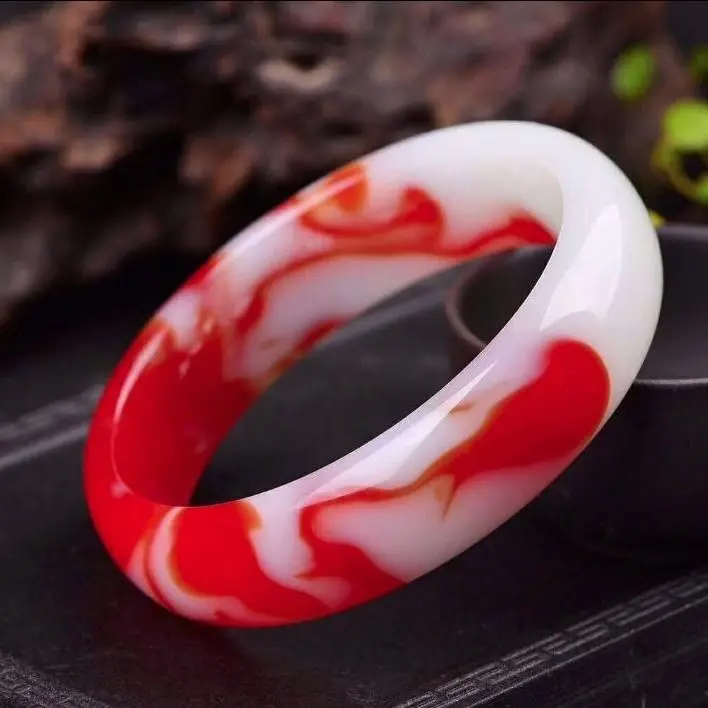 

Natural Color Hand Carved Wide Jade Bracelet Fashion Jewelry Men's and Women's Red and White Bracelet Gift Accessories