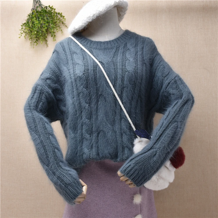 female women Fall winter hairy angora rabbit fur knitted twist braid o-neck long sleeves loose pullover jumper sweater pull tops