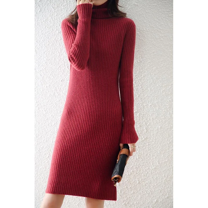 100% Pure Wool Knitted Sweaters Women Hot Sale Turtleneck Dresses Long Winter Warm Soft Woolen Knitwears Female Jumpers