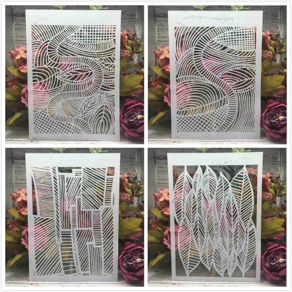 4Pcs A4 29cm Hollow Geometry Leaves DIY Layering Stencils Wall Painting Scrapbook Coloring Embossing Album Decorative Template