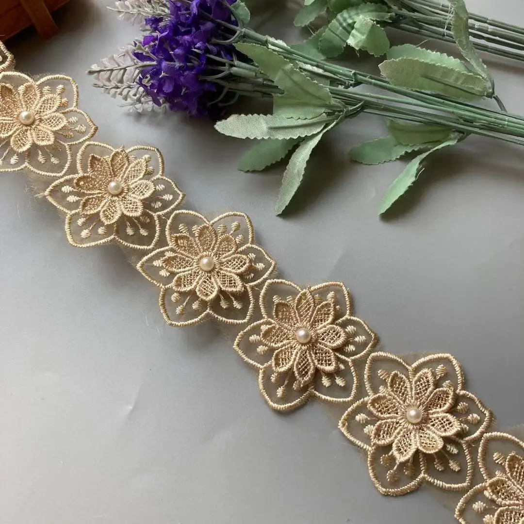 2 Yard Gold Pearl Lace Double Flower Embroidered Trim Ribbon Patchwork DIY Handmade Dress Wedding Sewing Supplies Craft 5.5 cm 6