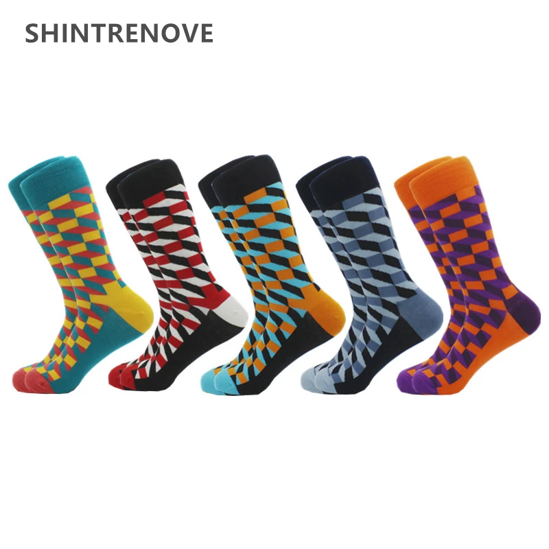 

5 Pairs/Lot Funny Men Combed Cotton Socks Colorful Happy Casual Party Dress Sock Classic Hip Hop Trend Compression Socks