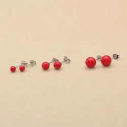 Brief Style Stainless Steel Red Nature Shell Beads Pearls Stud Earrings 4mm 6mm 8mmNo Fade Allergy Free