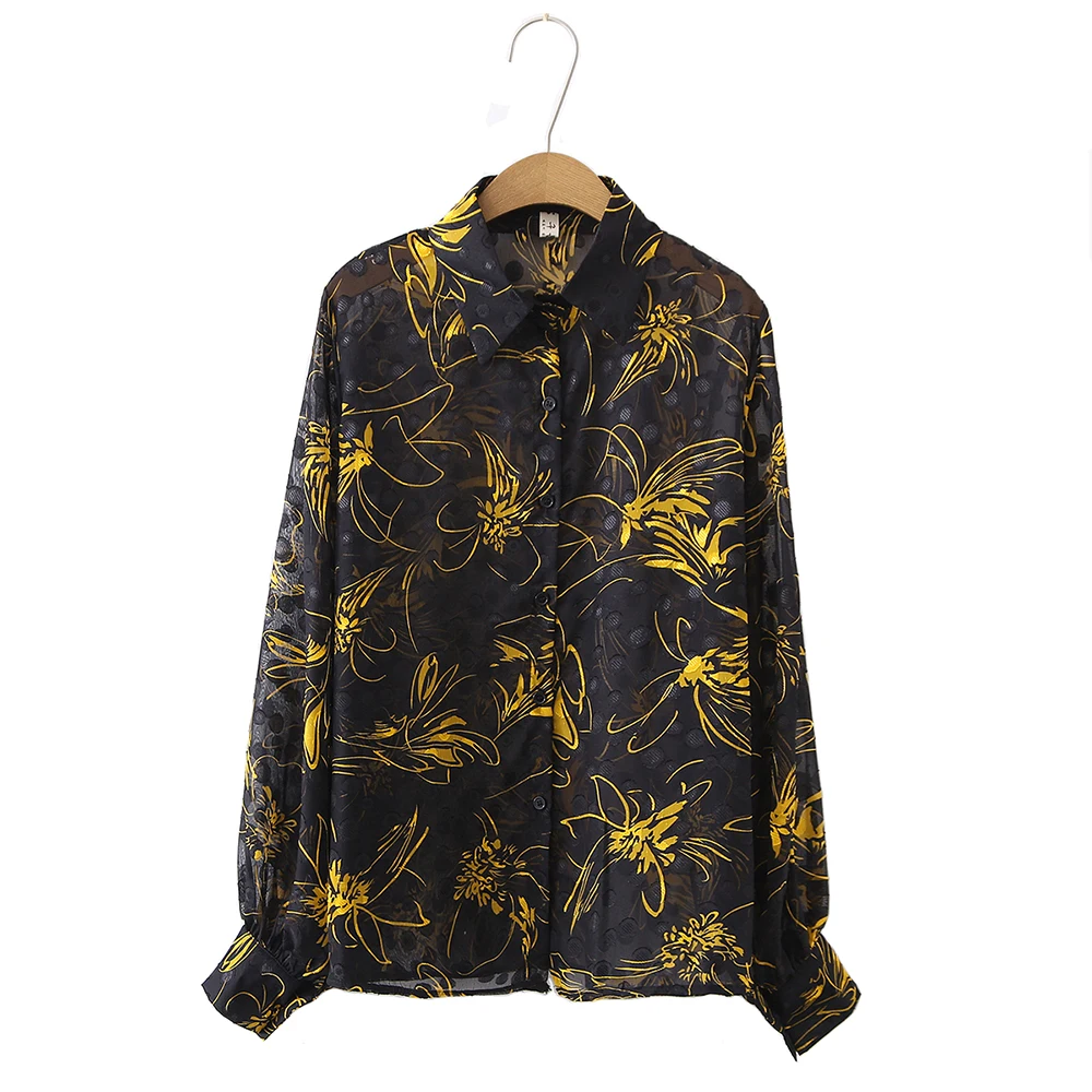 2021 Spring &Summer Woman See-Through Thin Lantern Sleeve Butterfly Print Sunscreen Chiffon Shirt