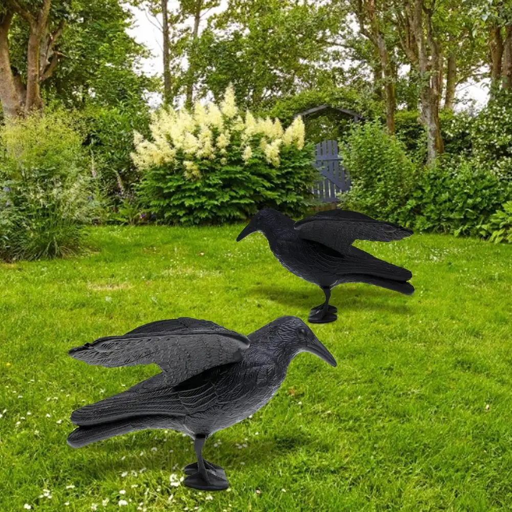 Flocking Crow With Wings Lifelike Black Crow Statue Bird Scarecrow Bait Scaring Bird Tool Halloween Decoration Garden Decoration