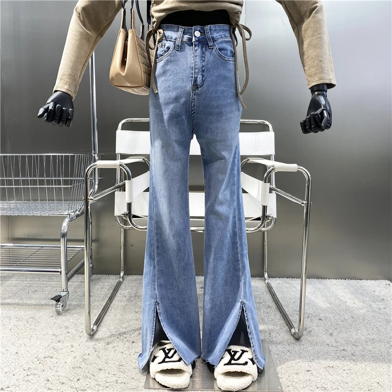 New Brand Original Design 2021 Vintage High Waist Elastic Side Slit Jeans Fashion Wash Slim Fit Wool Micro Flare Pants