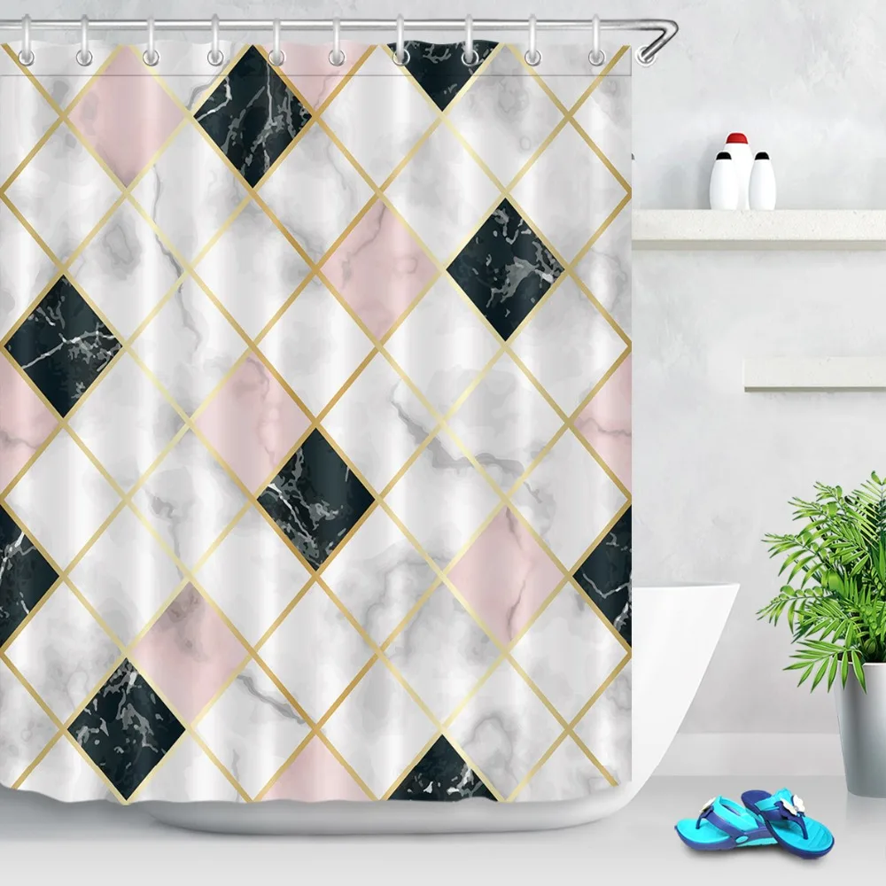 Golden Geometry Rhombus Nordic Marble Texture Shower Curtains Bathroom Curtain Waterproof Polyester Fabric for Bathtub Decor