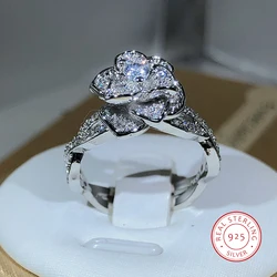 Anel rosa entrelaçado em prata esterlina 925 para senhoras, zircão branco tridimensional, diamante completo, joias elegantes, temperamento