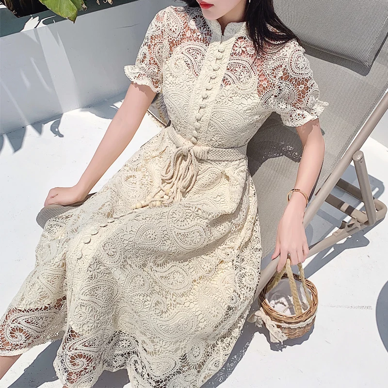 A-Line Embroidery Lace Spring Party Short Sleeve 2021 Dress Runway Elegant Dresses Women Vintage High Waist Boho Autumn Vestido