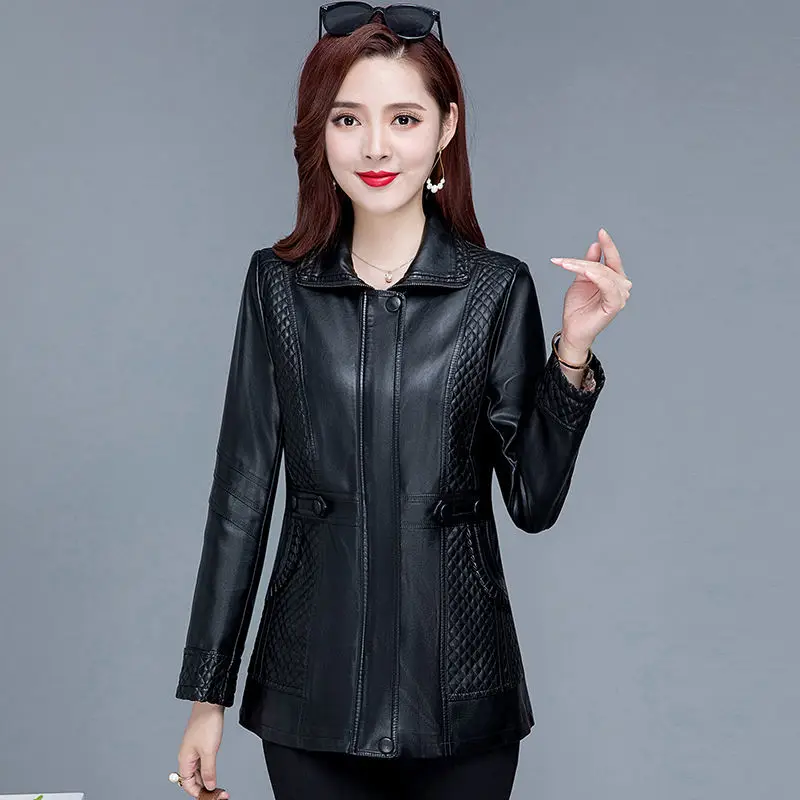 2XL-8XL Women Leather Jacket Spring Mid-length Motorcycle Coat Middle Aged Mother Winter Overcoat Pu Leather Jacket Y44