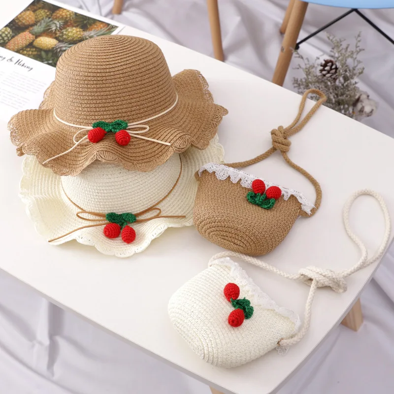 New summer child casual straw hat +handbag  Outdoor holiday Kid girl Cherry sun hat Panama cap and bag set