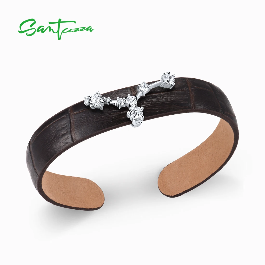 SANTUZZA 925 Sterling Silver Bracelet Bangle for Women Adjustable Leather Cancer 12 Constellation браслеты на руку Fine Jewelry